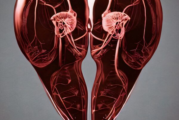 A split heart with intricate vein-like patterns in a deep red color on a muted background.