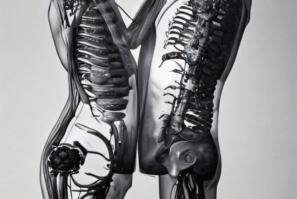 Artistic representation of human anatomy showcasing skeletal and organ structures in a grayscale embrace illustration.
