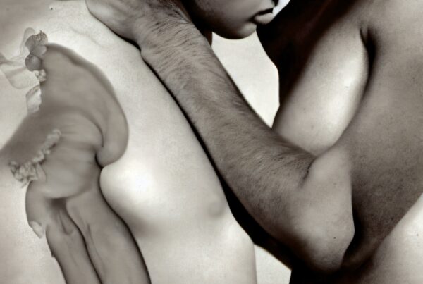 Black and white image of two figures embracing, focused on torso and arm, conveying intimacy and connection.