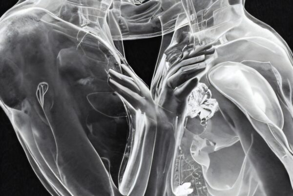 A translucent artistic rendering of two human figures intertwined in an intimate embrace, showcasing a blend of realism and abstraction.