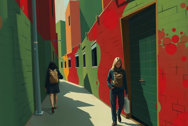 Two women stroll down a vividly colored urban alley lined with artistic murals and architectural details