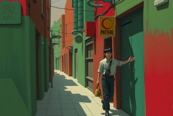 A person explores a colorful urban alleyway, passing vibrant buildings and signs in a cityscape.