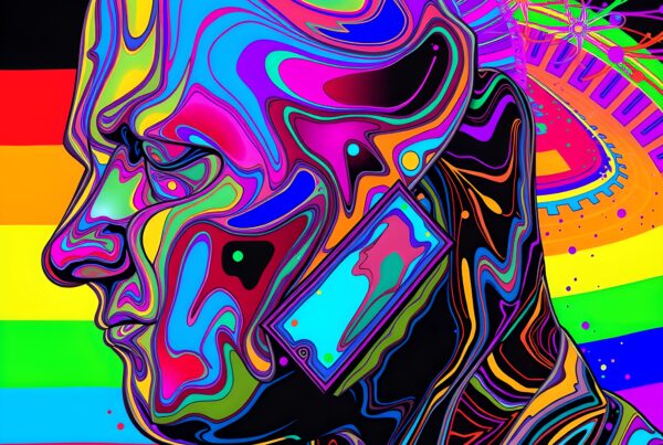 A vibrant psychedelic human profile with technicolor patterns and circuitry elements, set against a rainbow-striped background.