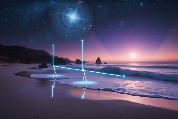 Glowing geometric lines on a serene twilight beach with starry sky.