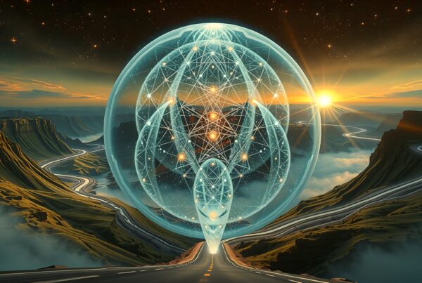 A surreal landscape with a glowing geometric structure under a starry sky.