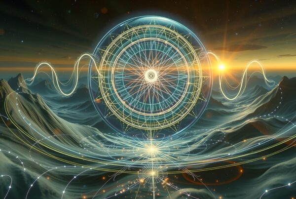 A luminous geometric sphere dominates a cosmic landscape with intricate, flowing patterns at sunset.