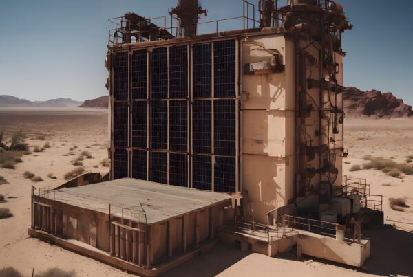 An industrial solar structure in a desert landscape under clear skies.