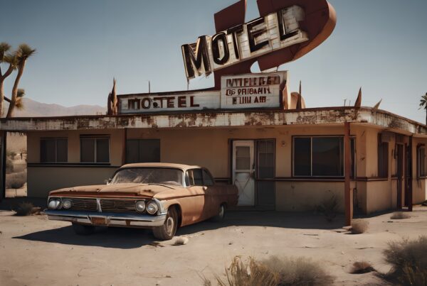 Rusty vintage car at abandoned motel in desert.