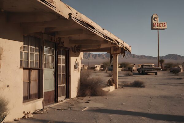 An abandoned desert building under clear skies with vintage car and mountains in the background.