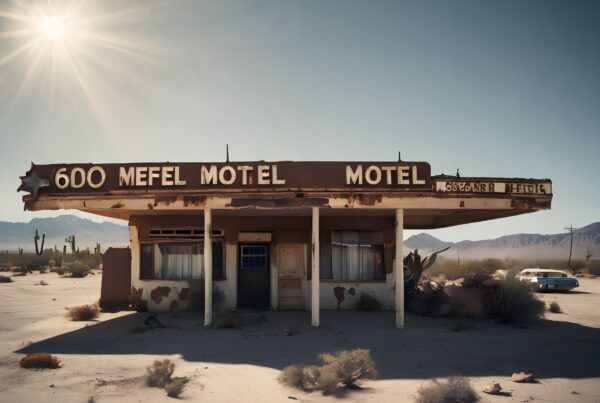 A weathered, abandoned motel in a sunlit desert landscape.
