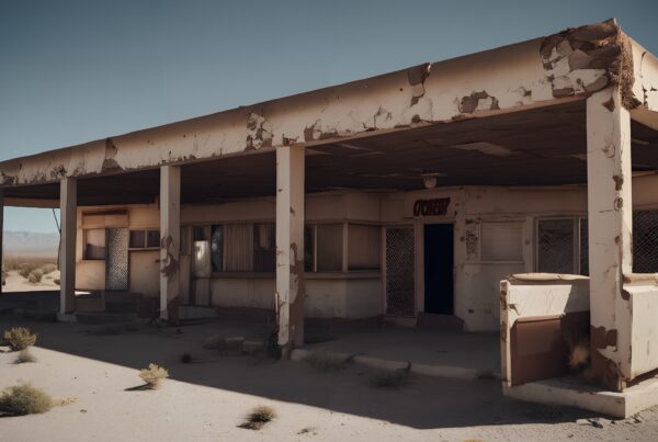 Abandoned desert building with peeling paint and rusted facade under clear blue sky.