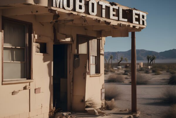 Abandoned desert motel with broken sign, surrounded by barren landscape and distant mountains.