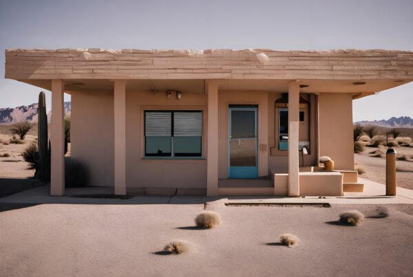 A small beige building with a blue door in a barren desert landscape.