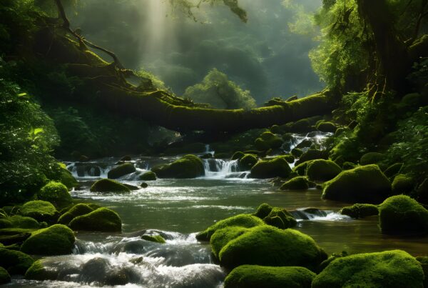 Serene forest river with sunlight filtering through lush trees.