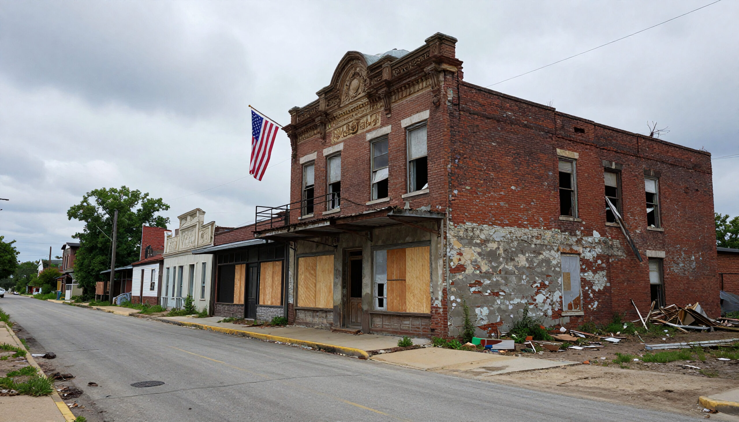 Abandoned Brick Building With Flag