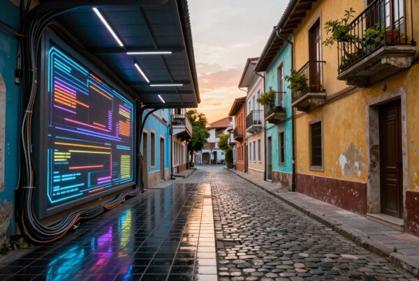 A colorful street with neon digital display contrasting colonial architecture at sunset.