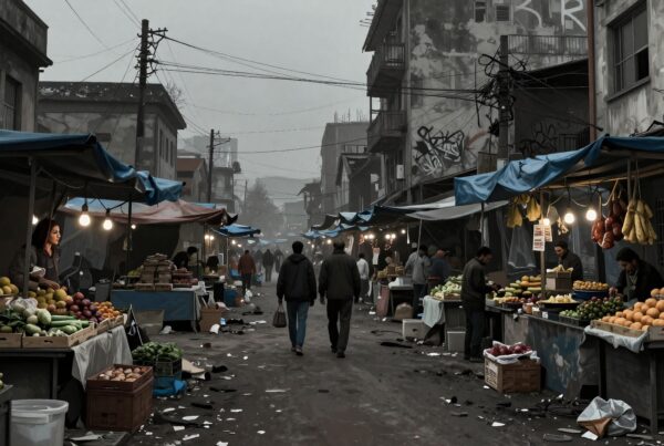 A lively street market bustling with vendors and vibrant produce under dimly lit tarpaulin in an urban alley.