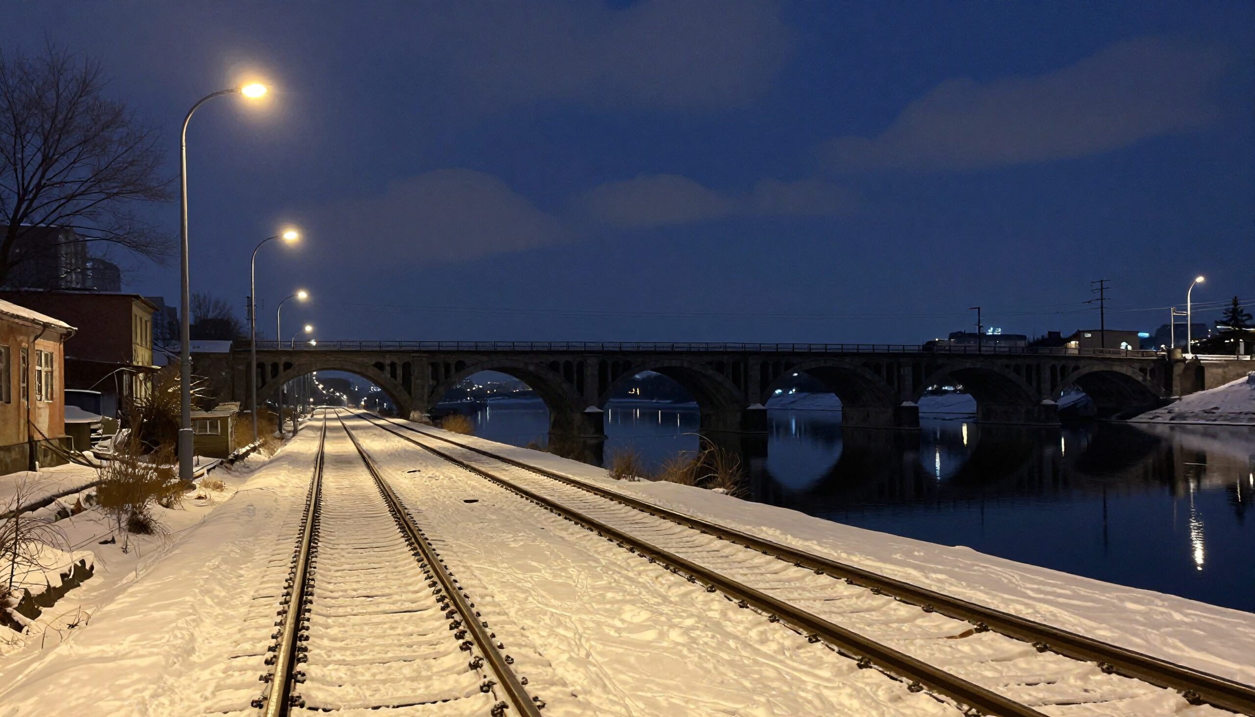 Snowy Railroad Under Night Sky