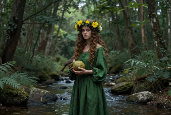 A woman in a green dress stands in a forest, holding a fruit with a bird perched on top.