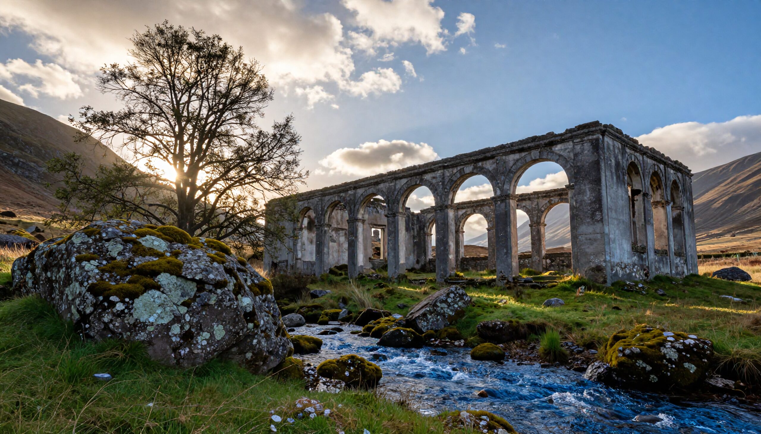 Ancient Ruins Beside Tranquil Stream