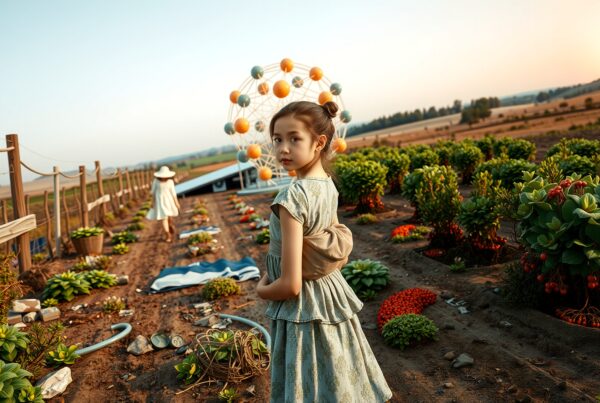 Young girl in a sunset-lit vegetable garden, with a Ferris wheel, plants, and a rural landscape.