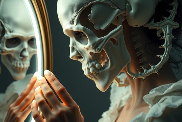 A surreal depiction of a person seeing a skull-like reflection in a mirror, blending human and mechanical elements.