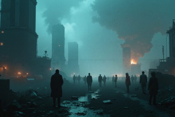 Silhouetted figures stand in a foggy urban landscape under an ominous sky, with a burning structure in the distance.