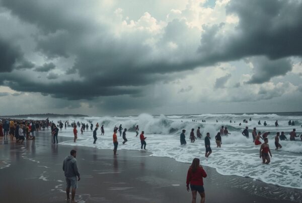 Crowded beach with stormy waves and clouds.