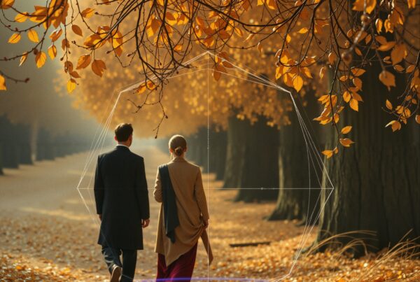 A couple walks under colorful autumn trees, surrounded by fallen leaves on a peaceful path.