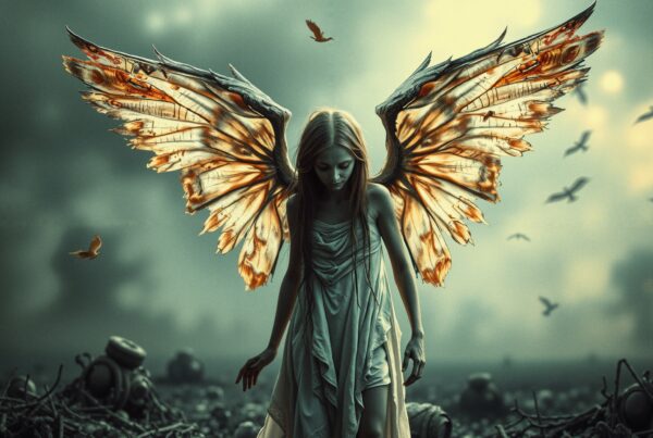 A winged figure with butterfly-like wings standing in a surreal, shadowy landscape with birds flying around.