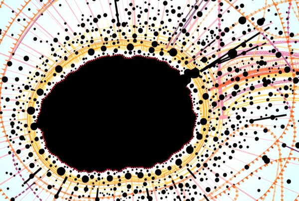 Abstract radial design with vibrant lines, dots, and circles creating a cosmic pattern against a light blue background.