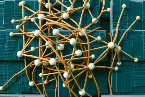 Abstract network of orange cables and white nodes against a teal geometric background.