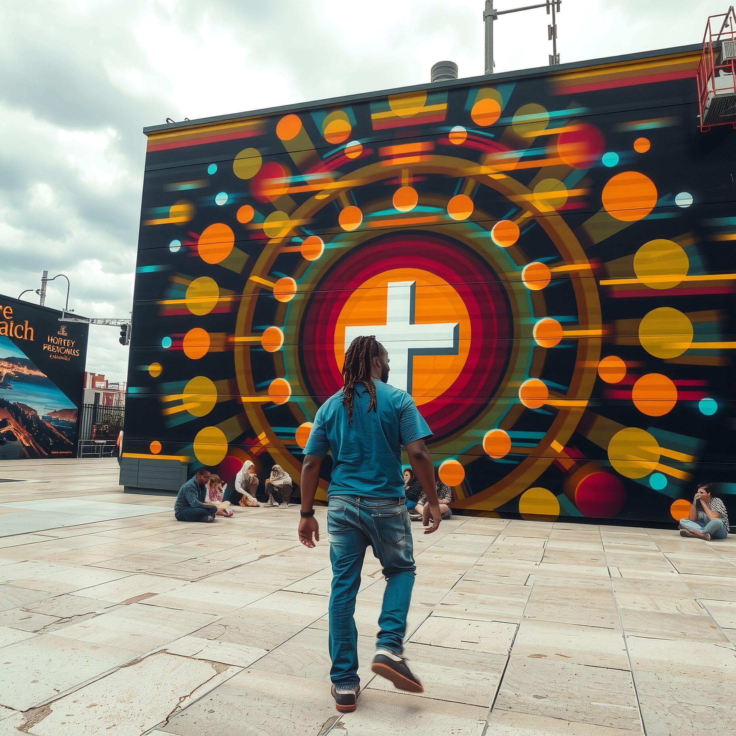 Colorful Urban Mural and Onlookers