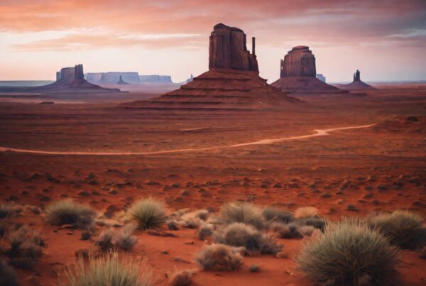 Desert landscape with iconic rock formations and dramatic sky at sunset.