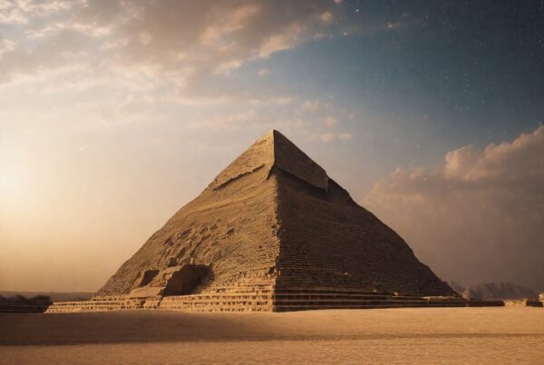 A pyramid stands majestically under a twilight sky with faint stars, set in a vast desert.