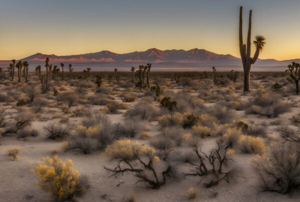 A serene desert landscape with cacti and distant mountains at sunset.