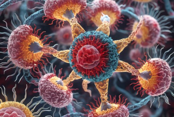 Illustration of colorful microscopic cellular structures.