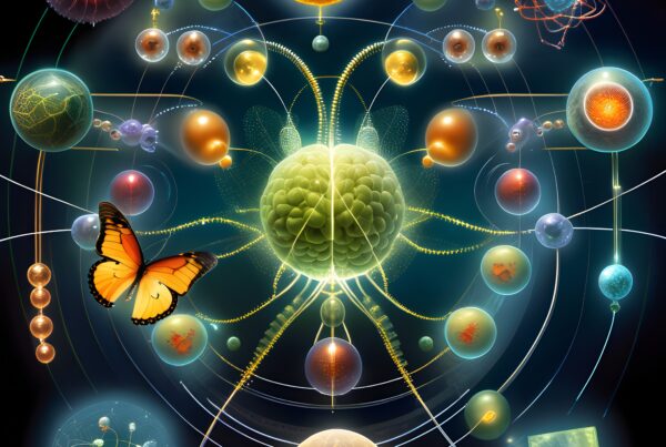 An abstract representation of nature and science featuring a bright nucleus, intricate molecular patterns, and a vivid butterfly.