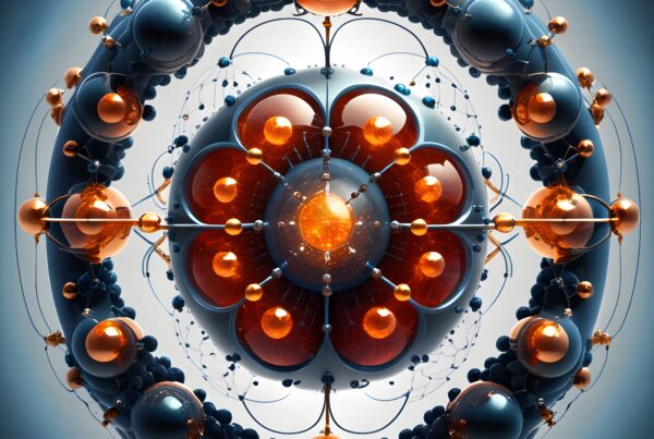 A detailed digital artwork featuring a geometric structure of interconnected spheres with glowing central core and intricate patterns.