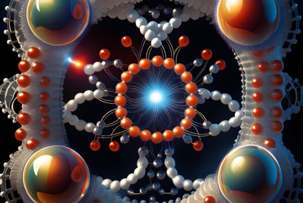 A vibrant, detailed molecular structure with luminous spheres connected by string-like designs against a dark background.