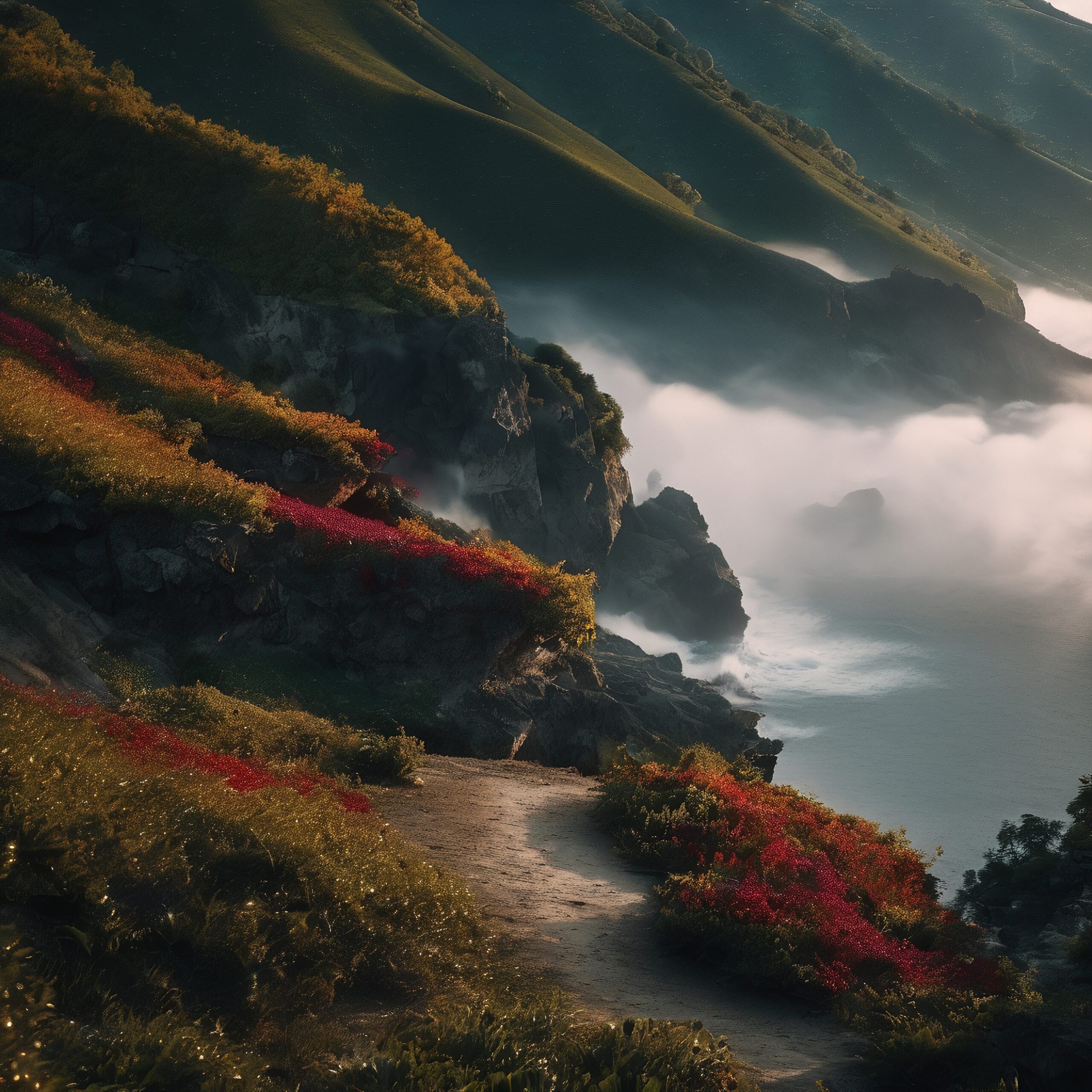 Misty Cliffs and Vibrant Flowers