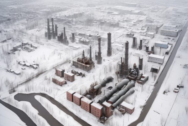 Aerial view of snow-covered industrial factory landscape with chimneys and river.