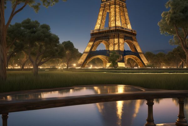 Illuminated Eiffel Tower with reflections at night.