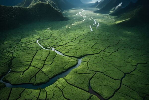 Aerial view of lush green valley and intersecting rivers encircled by misty mountains.