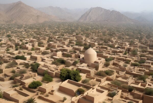 Aerial view of desert settlement with mud-brick houses and a domed structure, surrounded by mountains.