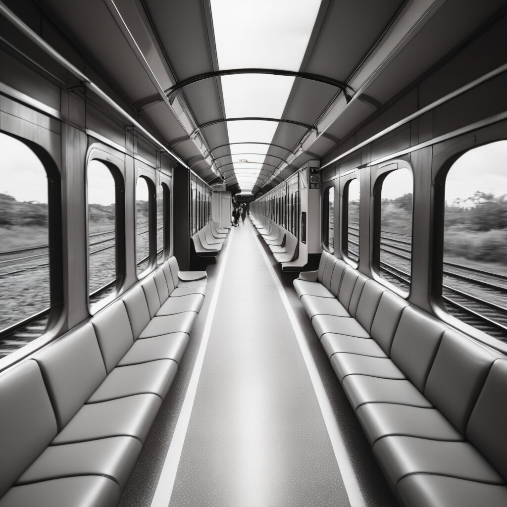 Modern Train Carriage Interior with Sleek Seating and Motion Blu