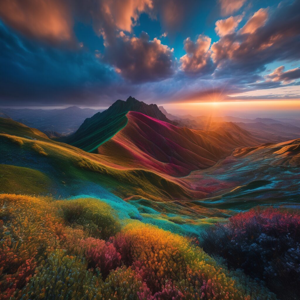 Multicolor Rolling Hills Landscape at Sunrise or Sunset