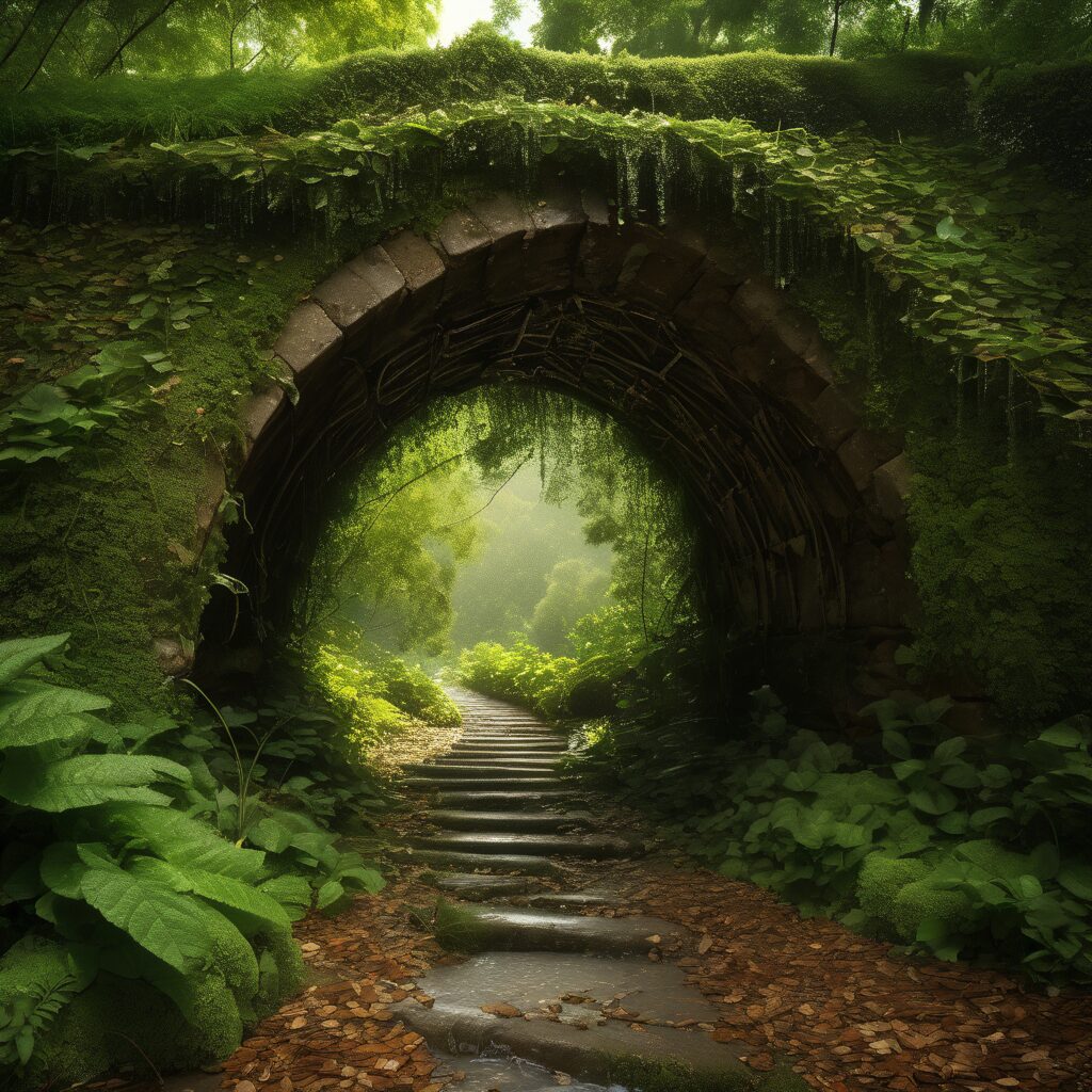 Ancient Moss-Covered Stone Arch Bridge Through Lush Forest