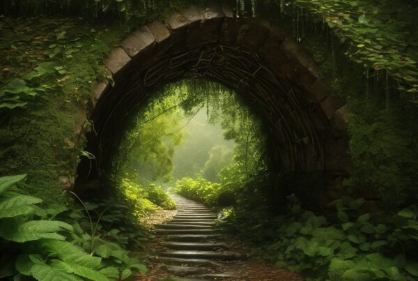 A stone archway covered in greenery with a path leading through a lush, sunlit forest.