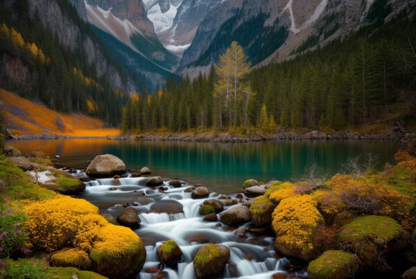 Serene mountain landscape with stream, forest, and lake.
